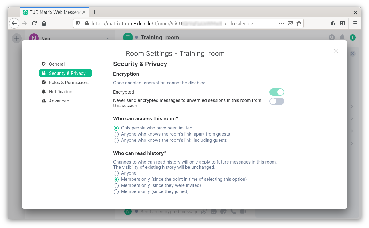 Security settings for the newly created room