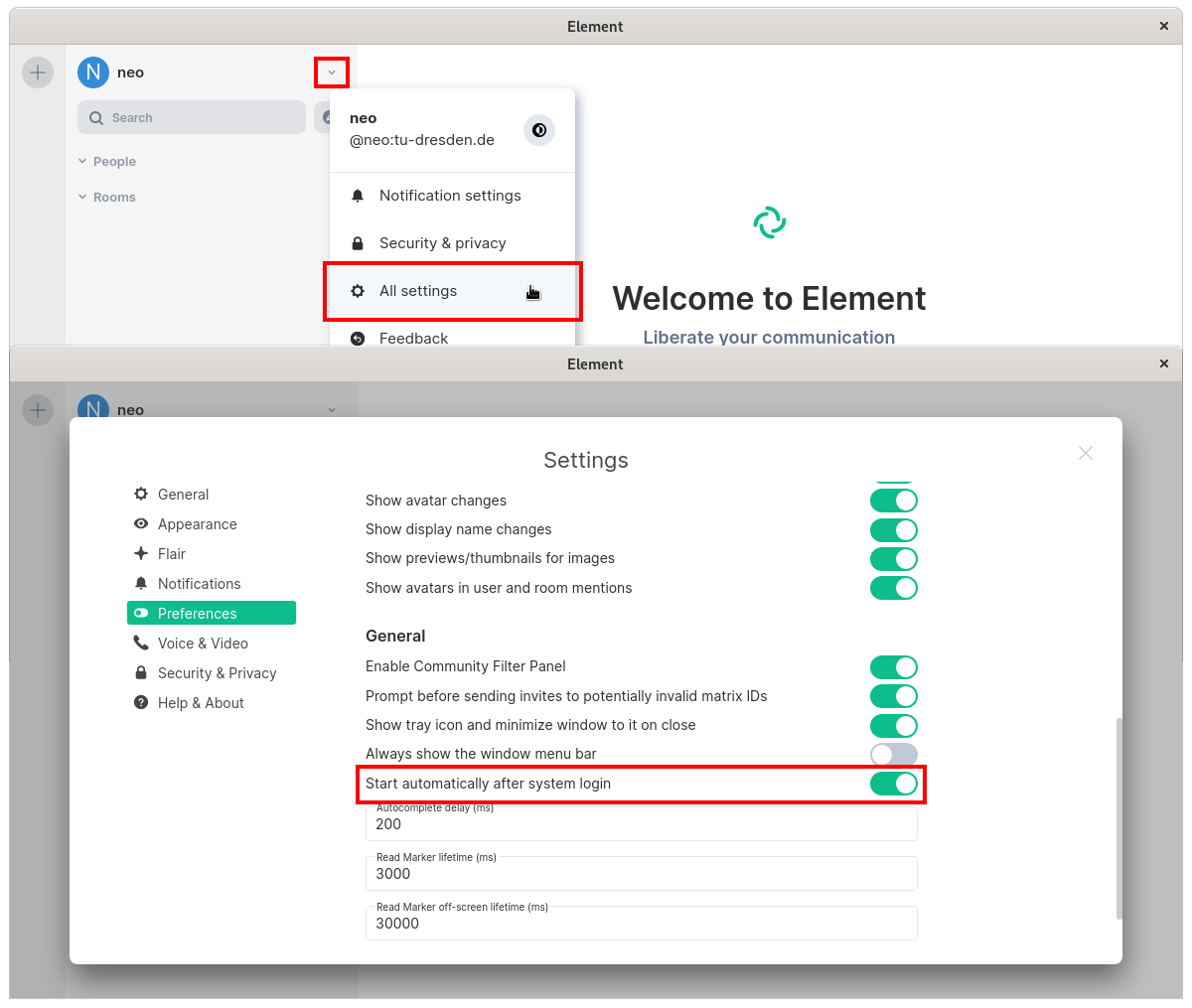 settings marked with the dot start automatically after system startup