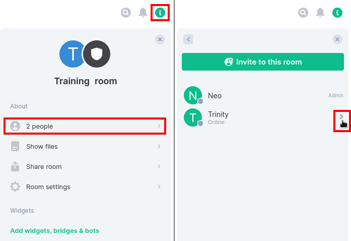 Drop-down menu for the assignment of rights for room participants (image row 1)