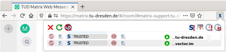 Browser plugin settings NoScript with uni-weimar.de and vector.im selected as trusted script sources