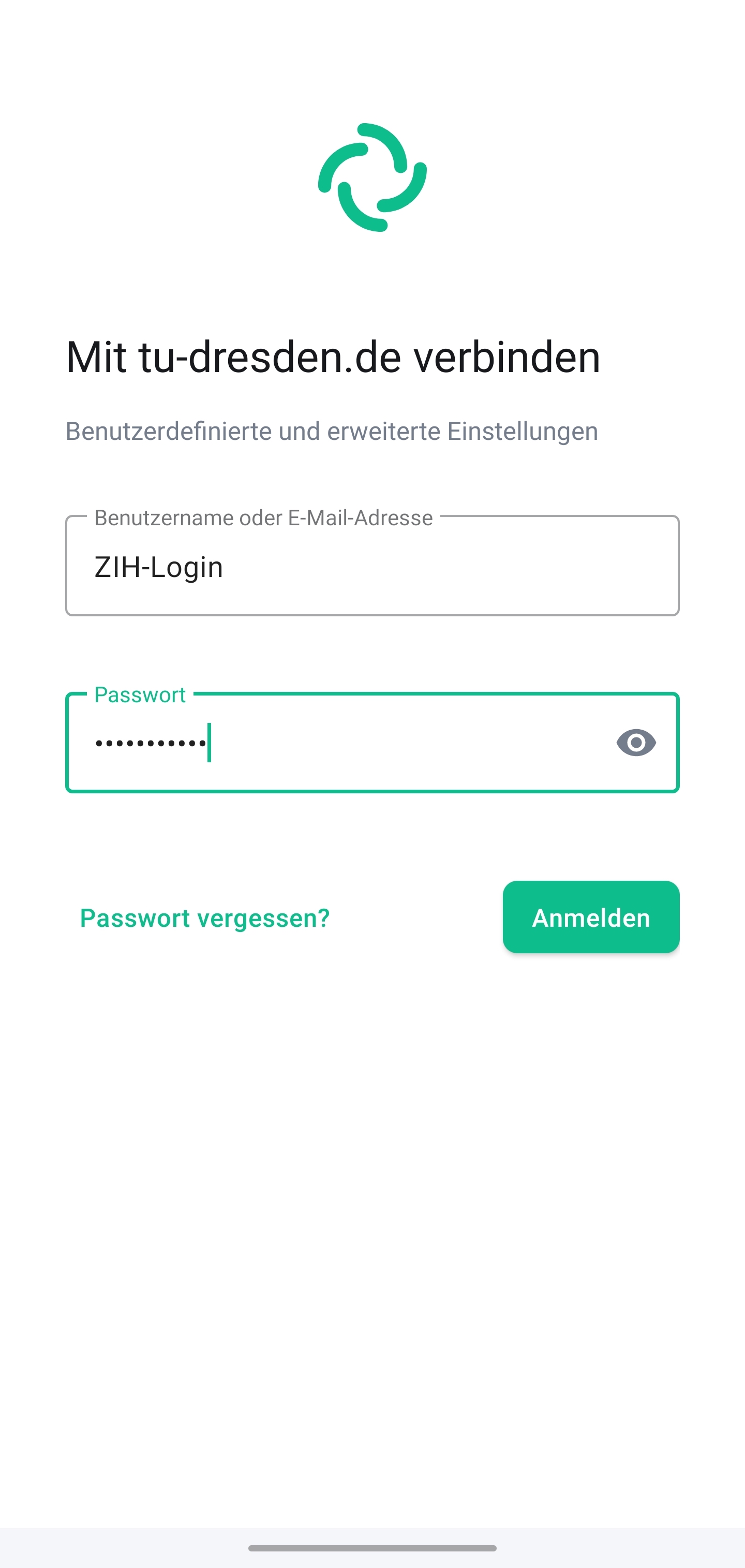 Bildschirm “Mit uni-weimar.de” verbinden erwartet im Textfeld “Benutzername oder E-Mail-Adresse” die Eingabe des BUW-Logins und das Textfeld “Passwort” die Eingabe des BUW-Passworts. Zum Verbinden befindet sich der Button “Anmelden” auf der Anzeige.