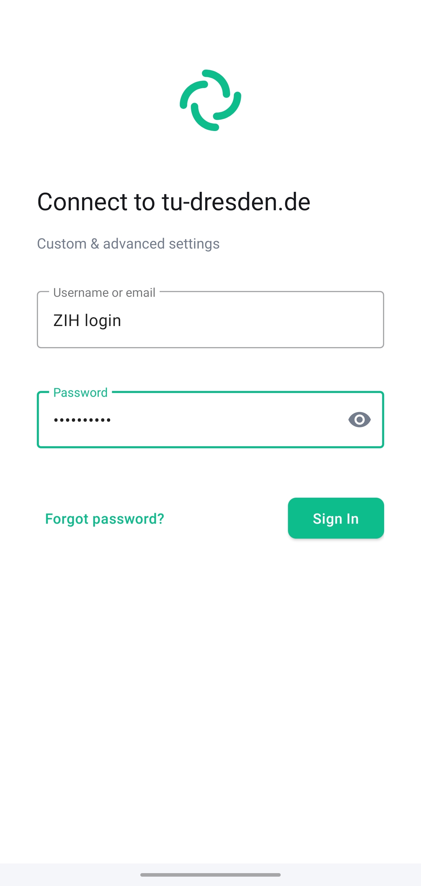 Screen “Connect to uni-weimar.de” expects the input of the ZIH login in the text field “Username or email” and the input of the ZIH password in the text field “Password”. To connect, the button “Sign in” is on the display.