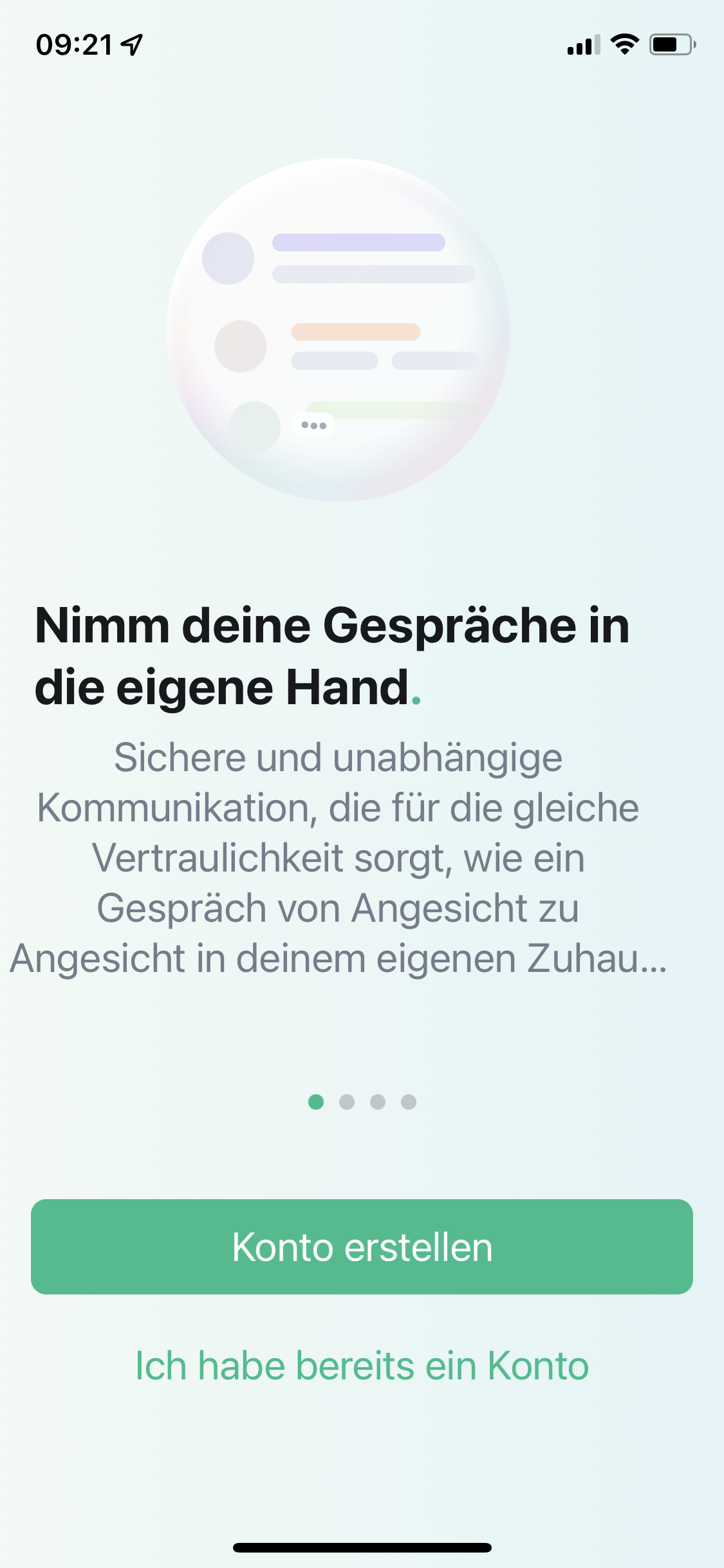 Einrichtungsanzeige der Element-App beim ersten Start. Es werden wischbare Hinweistexte angezeigt und darunter befinden sich die Buttons “Konto erstellen” und “Ich habe schon ein Konto”.