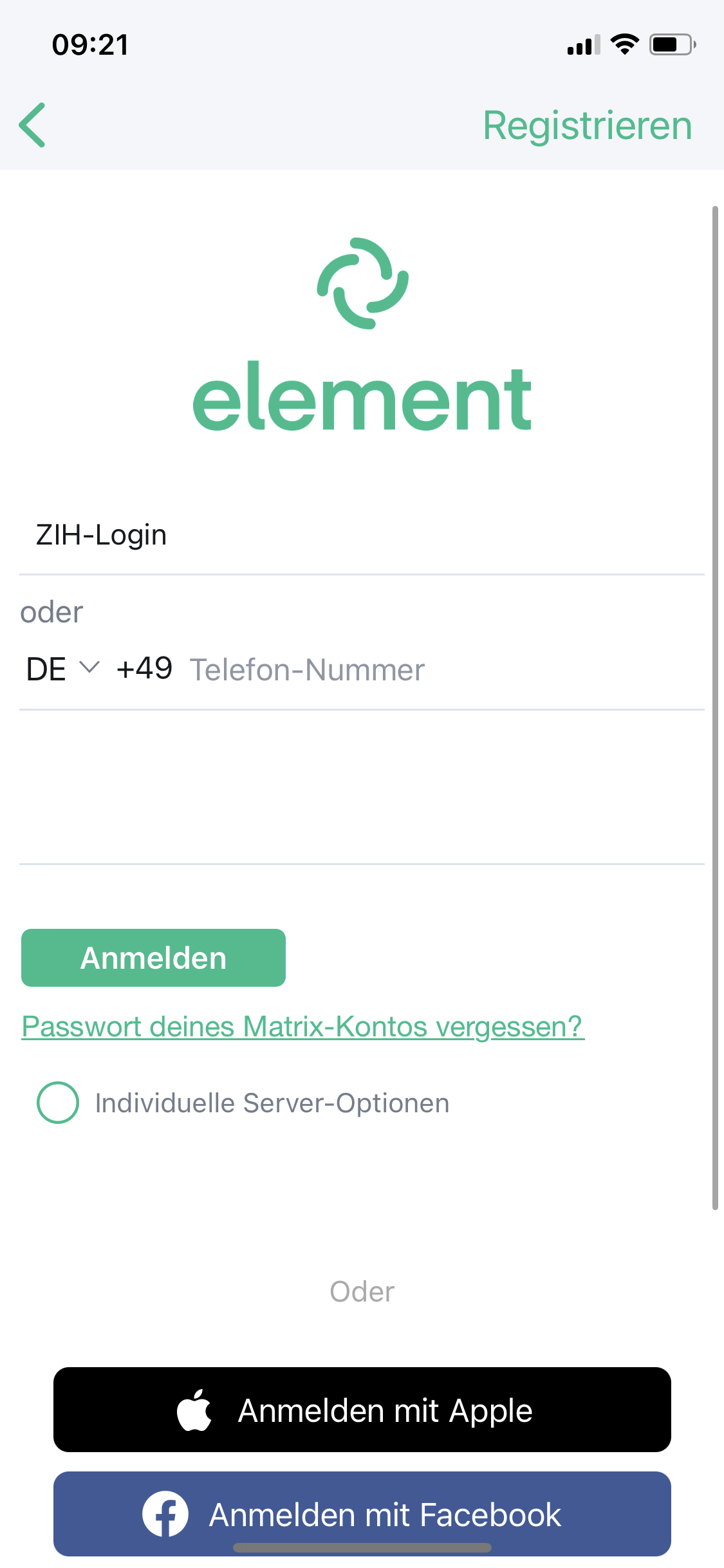 Konfigurationsbildschirm der Element App. Es werden die Felder “E-Mail oder Nutzername”, “Telefonnummer” und “Passwort” angezeigt. Zusätzlich befindet sich die Checkbox “Individuelle Server-Optionen” auf der Seite und die beiden Buttons zum Anmelden via Apple oder facebook.