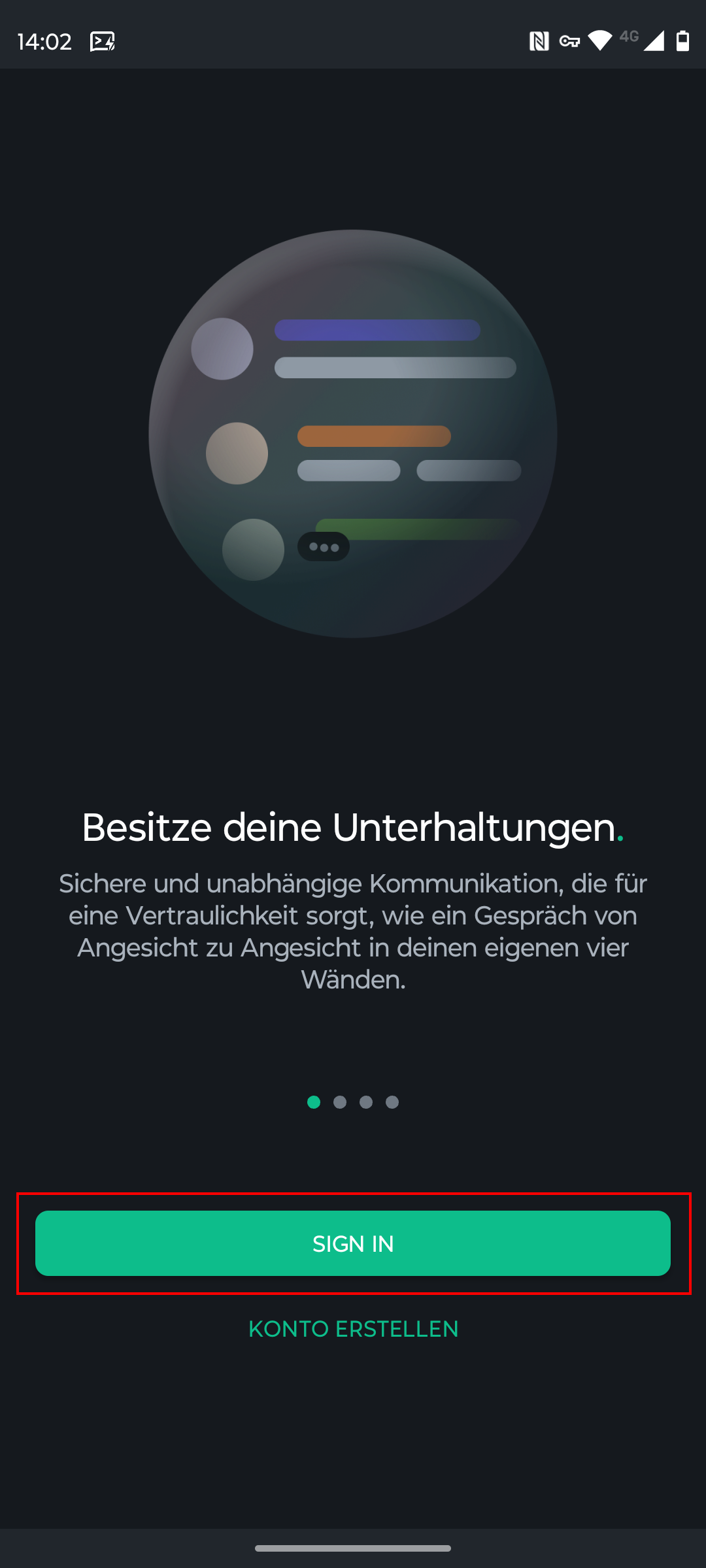 Einrichtungsanzeige der Element-App beim ersten Start. Es werden wischbare Hinweistexte angezeigt und darunter befinden sich die Buttons “Konto erstellen” und “Sign in”.