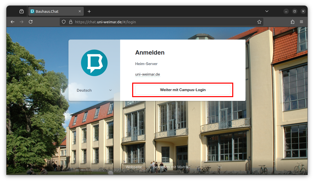 Loginfenster von Element Webclient mit Campus-Login Button