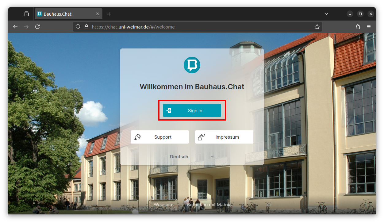 Startseite von Element Webclient mit Anmeldebutton